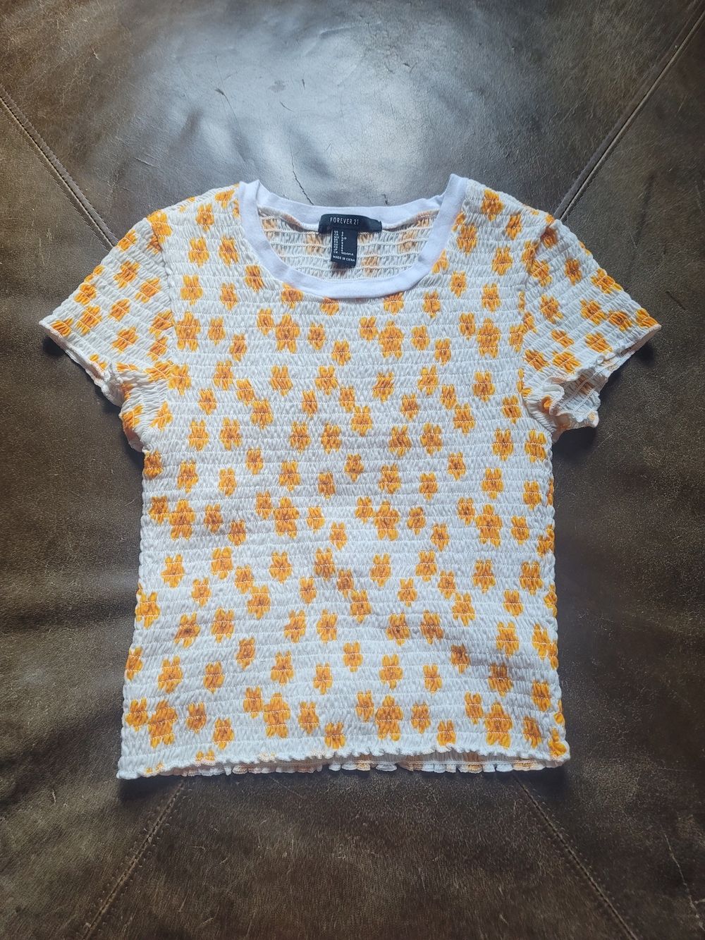 Forever 21 White & Yellow Floral Smocked Tee